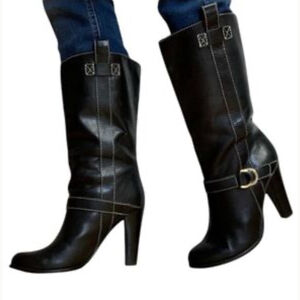 Ralph Lauren Stacked Heel Boots Women's Size 8.5 Black Leather Buckle Pull On